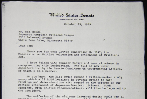 Letter to Sam Honda from Dave Durenberger (ddr-chijacl-1-384)