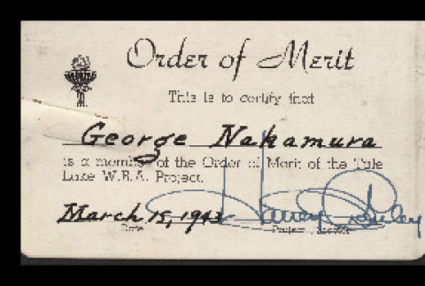 Order of Merit of the Tule Lake W.R.A. Project membership card (ddr-csujad-55-2417)