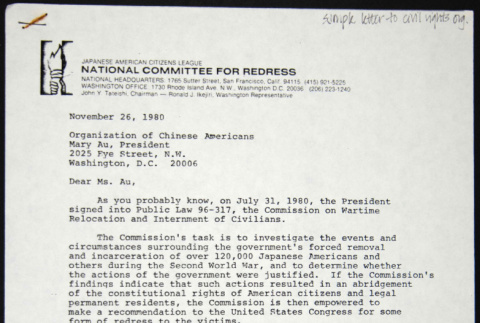 Letter to Mary Au of the Organization of Chinese Americans from John Tateishi (ddr-chijacl-1-109)