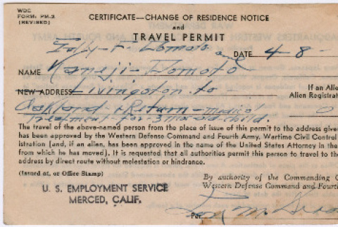 Certificate of Change of Residence Notion and Travel Permit for Sally and Kaneji Domoto (ddr-densho-329-976)