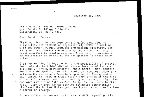 Letter from Sharon M. Tanihara to Daniel Inouye, Senator, December 10, 1990 (ddr-csujad-55-2058)