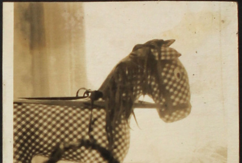 Toy stuffed horse and kitten sleeping in basket (ddr-densho-423-536)