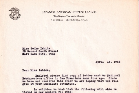 Letter to Teiko Ishida from Washington Township Chapter JACL (ddr-ajah-7-13)