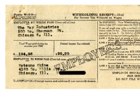 Withholding receipt 1944, Form W-2 (ddr-csujad-5-72)