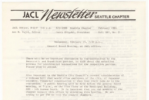 Seattle Chapter, JACL Reporter, Vol. XXI, No. 2, February 1984 (ddr-sjacl-1-330)