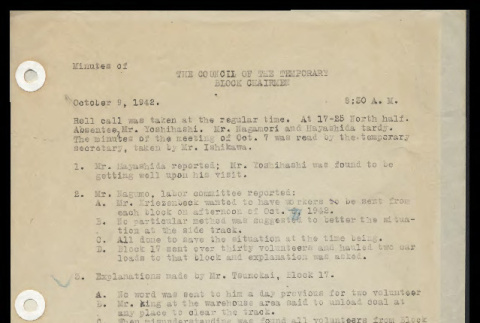 Minutes from the Heart Mountain Block Chairmen meeting, October 9, 1942 (ddr-csujad-55-287)