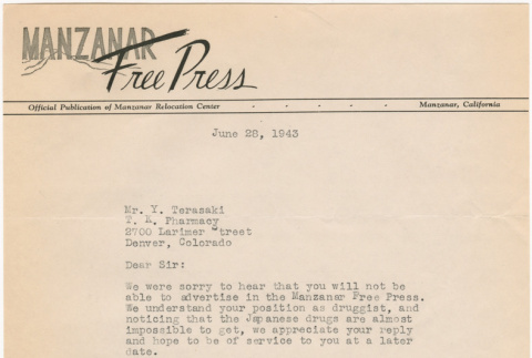 Correspondence regarding advertising in the Manzanar Free Press (ddr-densho-319-412)