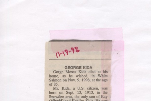 George Kida memorial card and obituary (ddr-one-3-102)