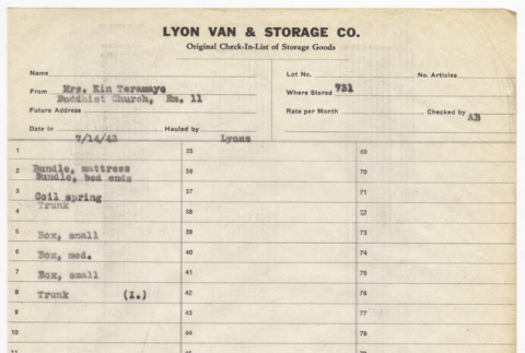 Storage list for Mrs. Kin Teramaye (ddr-sbbt-2-209)