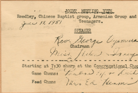 Announcement of joint meeting with Reedley, Chinese Baptist group, Armenian Group and the teenagers. (ddr-densho-341-148)