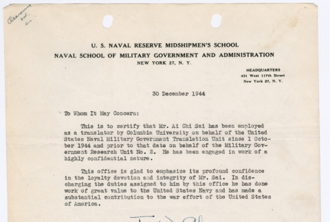 Letter from F.W. Cleaves, U.S. Naval Reserve (ddr-densho-446-95)
