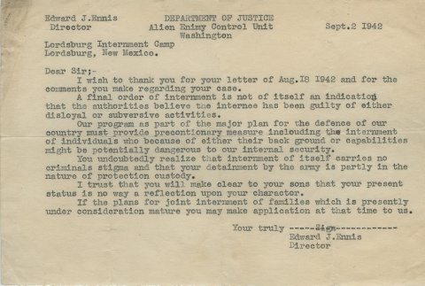 Letter from Edward Ennis to Issei internee (September 2, 1942) (ddr-densho-140-129)
