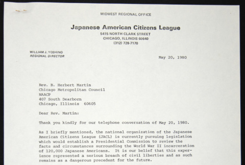Letter to Herbert Martin of the Chicago Metropolitan Council of the NAACP from William Yoshino (ddr-chijacl-1-145)