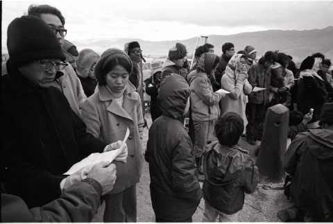 Pilgrimage ceremony in front the Manzanar Cemetery Momunent (ddr-manz-3-13)