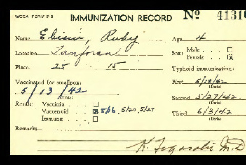 Immunization record, WCCA Form S-5, Ruby Ebisui (ddr-csujad-55-1294)