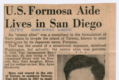 San Diego Union: U.S. Formosa Aide Lives in San Diego (ddr-densho-446-406)