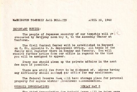Notice of evacuation date for people of Japanese ancestry sent by Washington Township JACL (ddr-ajah-7-14)
