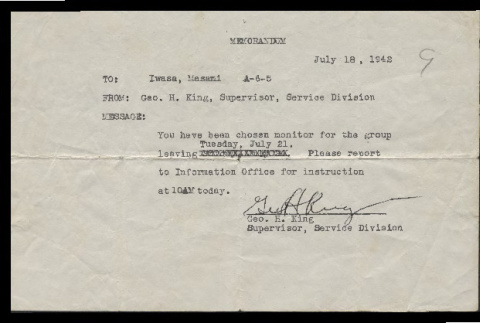 Memo from Geo. H. King, Supervisor, Services Division, to Masami Iwasi, July 18, 1942 (ddr-csujad-55-170)