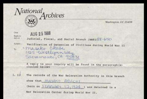 Letter from National Archives and Records Administration to Masako Adachi, August 25, 1988 (ddr-csujad-55-2310)