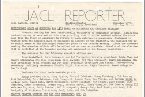Seattle Chapter, JACL Reporter, Vol. XI, No. 11, November 1974 (ddr-sjacl-1-241)