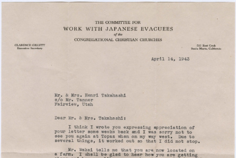 Letter from Clarence Gillett to Tomoye and Henri Takahashi (ddr-densho-410-192)
