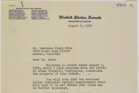 Letter from Eugene Milliken, Chair of Senate Finance Committee, to Lawrence Fumio Miwa (ddr-densho-437-35)