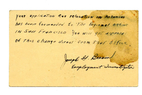 Postcard from Joseph G. Beeaon to Mr. George Naohara, November 2, 1942 (ddr-csujad-38-553)