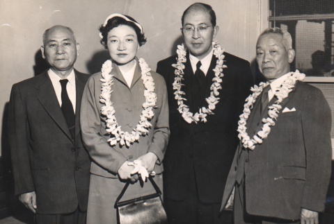 Photograph of Kosho Otani, Lady Otani, Zenyu Aoki, and Otani's aide (ddr-njpa-4-1645)