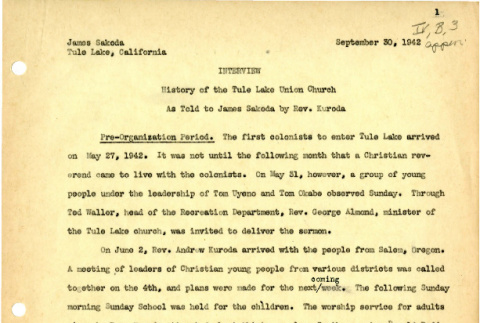 History of the Tule Lake Union Church as told to James Sakoda by Rev. Kuroda (ddr-csujad-26-9)