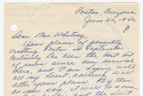 [ Letter to Mrs. Whitney from Fumiko Fukuda | June 30, 1942 ] (ddr-janm-22-23)