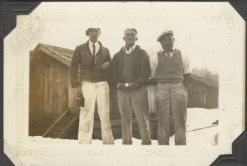 Three men by cabins (ddr-densho-326-484)