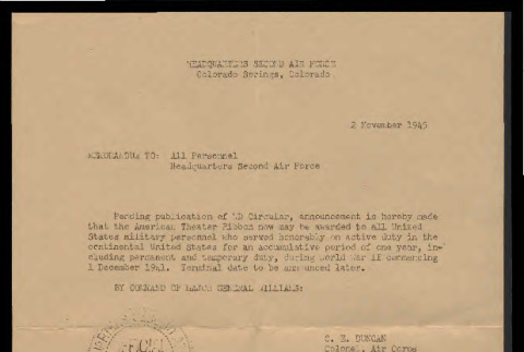 Memo from C.E. Duncan, Colonel, Air Corps Chief of Staff, to all personnel, Headquarters, Second Air Force, November 2, 1945 (ddr-csujad-55-2189)