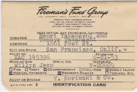 Insurance card from Fireman's Fund Group (ddr-densho-422-389)