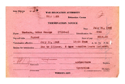 Termination notice, Form WRA-114, George Naohara (ddr-csujad-38-567)