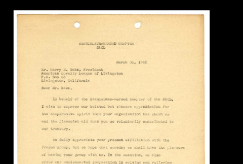 Letter from the Stanislaus Merced Chapter of the Japanese American Citizens League to Harry Naka, March 31, 1942 (ddr-csujad-46-23)