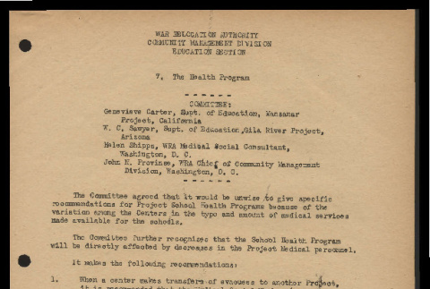 Recommendations by the Committee on the Health Program, War Relocation Authority, Community Management Division, Education Section (ddr-csujad-55-1700)
