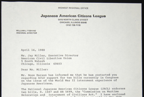 Letter to Jay Miller of the American civil Liberties Union from William Yoshino (ddr-chijacl-1-148)