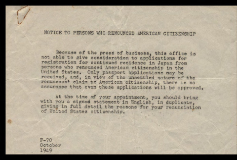 Notice to persons who renounced American citizenship (ddr-csujad-55-2263)