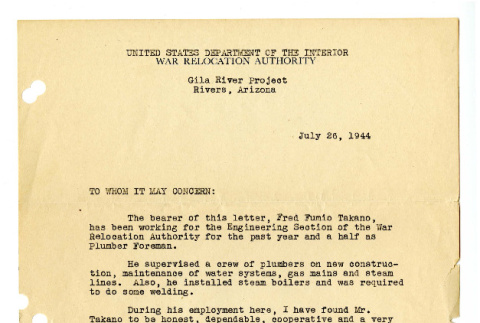 Letter from Joe H. Janeway, Chief Engineer, Gila River Project, War Relocation Authority, United States Department of Interior, July 26, 1944 (ddr-csujad-42-101)
