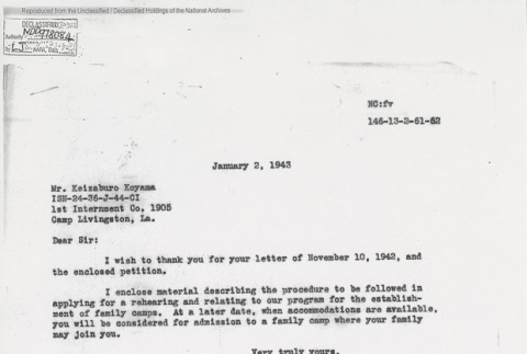 Letter with instructions on applying for family reunification from the Alien Enemy Control Unit (ddr-one-5-181)
