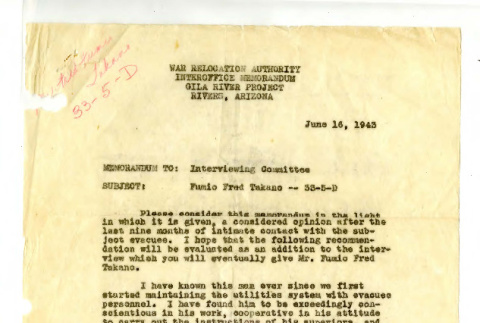 Letter from William M. Huso, Relocation Program Officer, to Interviewing Committee, June 16, 1943 (ddr-csujad-42-94)