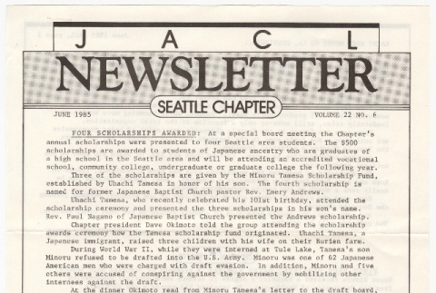 Seattle Chapter, JACL Reporter, Vol. XXII, No. 6, June 1985 (ddr-sjacl-1-348)