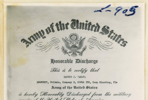 Honorable discharge for Sachio Takata (ddr-densho-37-1978)