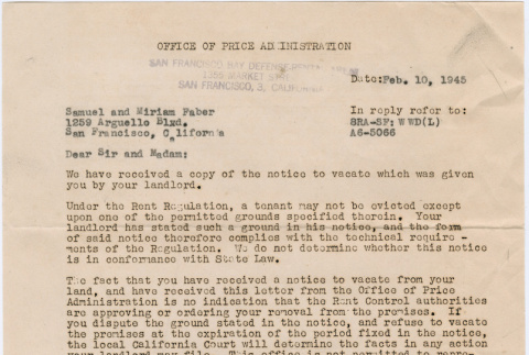 Letter from Walter Derr, Office of Price Administration, to Samuel and Miriam Faber (ddr-densho-410-583)