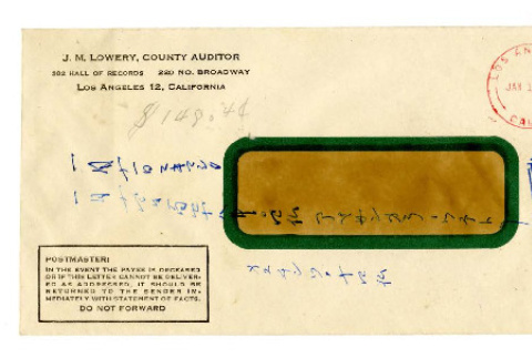 Envelope from J. M. Lowery, County Auditor to [Seiichi Okine], January 10, 1946 (ddr-csujad-5-198)