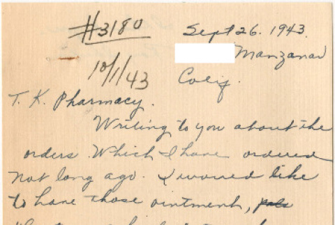 Letter sent to T.K. Pharmacy from  Manzanar concentration camp (ddr-densho-319-414)