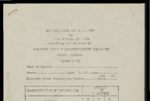 Self analysis and inventory by high school students regarding the affects of the Colorado River Relocation Center residence, Poston Arizona (1942-1945) (ddr-csujad-55-1835)