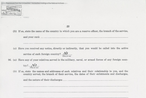 U.S. Department of Justice Alien Enemy Questionnaire page 23 of 26. (ddr-one-5-145)
