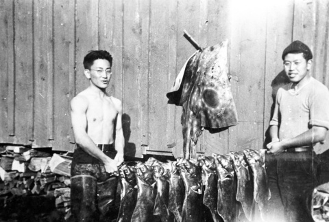 Two men holding their halibut catch (ddr-densho-15-25)