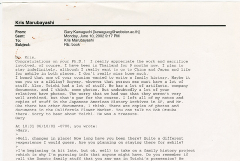 Email from Gary Kawaguchi to Kris Maruyabashi (ddr-densho-329-1114)